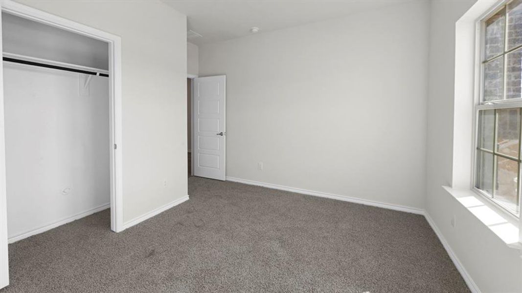 Grey carpeted room featuring white walls, a single window with gridded panes, an open closet with a hanging rod, and a paneled interior door Grey carpeted room featuring white walls, a single window with gridded panes, an open closet with a hanging rod, and a paneled interior door