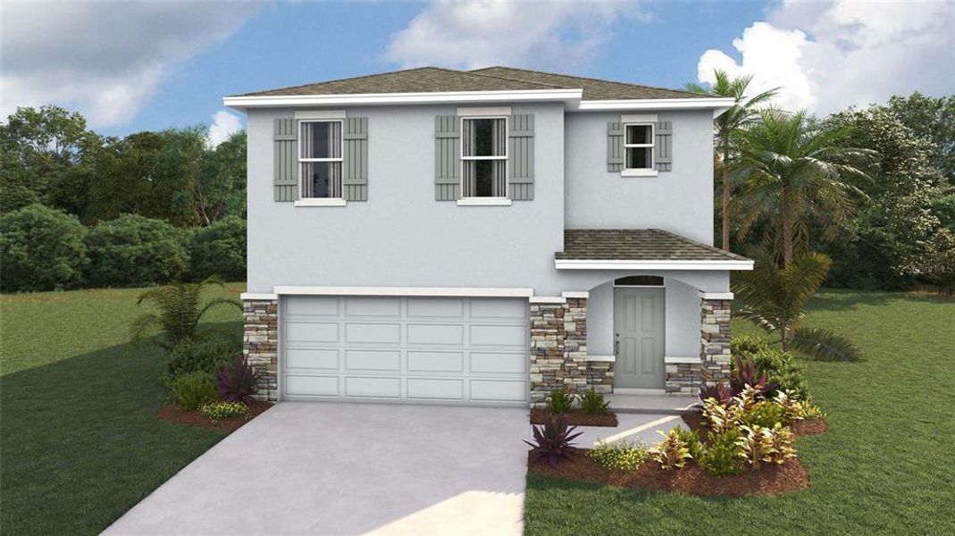 Front exterior of a new home in Sandal Key, Weeki Wachee, FL, highlighting curb appeal (Image 1).