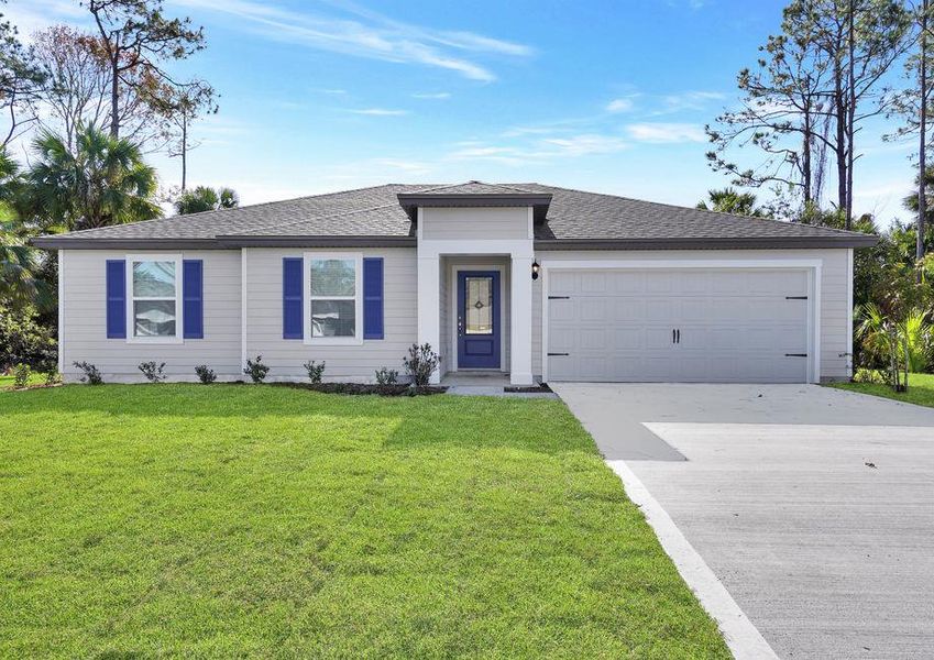 This home features a beautiful blue door and shutters.