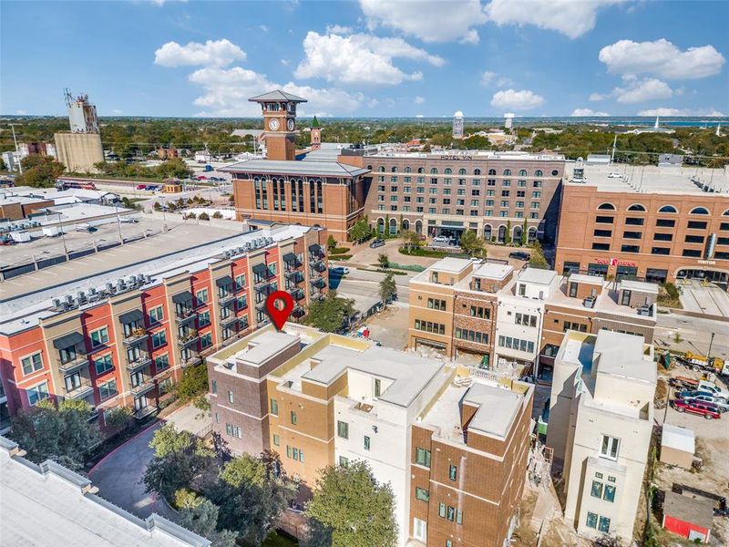 Aerial view looking towards Hotel Vin