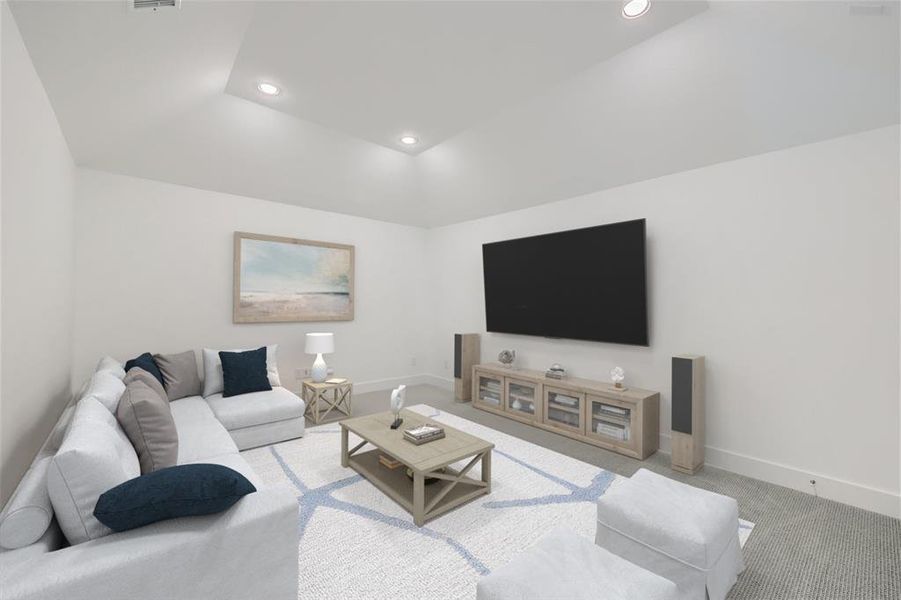 Virtually Staged Photo - Carpeted living room featuring a tray ceiling