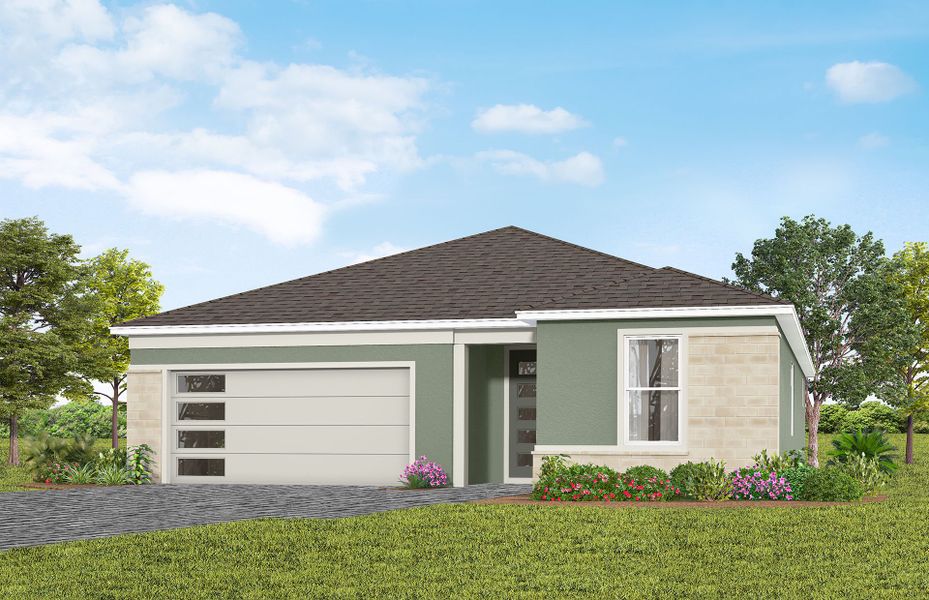 Representative exterior photo of a completed home built from the Prestige by Del Webb in Del Webb Lakehaven, Clermont, FL (Image 17). Representative exterior photo of a completed home built from the Prestige by Del Webb in Del Webb Lakehaven, Clermont, FL (Image 17).