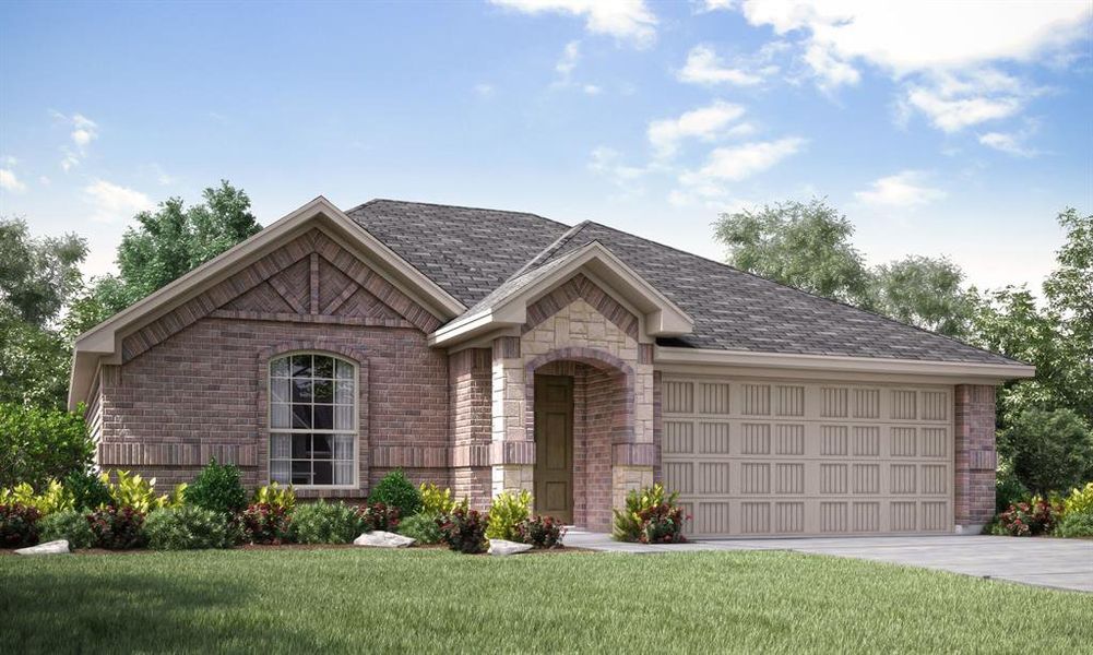 View of front of house featuring a garage and a front lawn