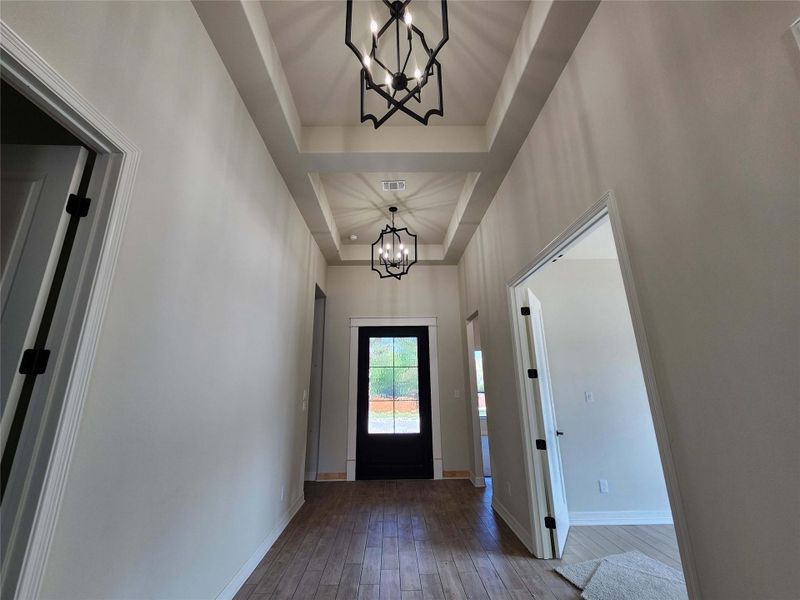 Doorway with suspended lighting, a tray ceiling, and hardwood / wood-style floors