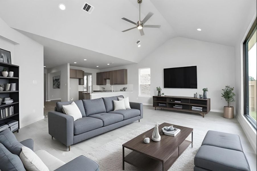 Relax and unwind in this inviting family room, illuminated by abundant natural light streaming in through tall windows, complemented by high ceilings and stunning flooring. Stay comfortable year-round with the gentle breeze from the ceiling fan, creating the perfect atmosphere for family gatherings. Sample photo of completed home with similar floor plan. As-built interior colors and selections may vary. Relax and unwind in this inviting family room, illuminated by abundant natural light streaming in through tall windows, complemented by high ceilings and stunning flooring. Stay comfortable year-round with the gentle breeze from the ceiling fan, creating the perfect atmosphere for family gatherings. Sample photo of completed home with similar floor plan. As-built interior colors and selections may vary.