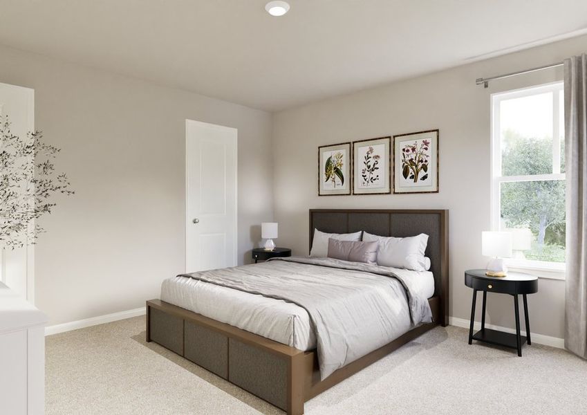 A cozy bedroom with a neatly made bed, light gray bedding, and a dark wood frame. Three botanical prints hang above. A lamp on each side and a window with curtains let in natural light. A cozy bedroom with a neatly made bed, light gray bedding, and a dark wood frame. Three botanical prints hang above. A lamp on each side and a window with curtains let in natural light.