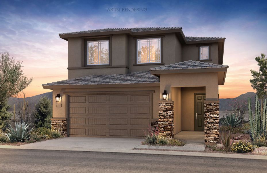 Front exterior of a new home in Allen Ranches, Litchfield Park, AZ, highlighting curb appeal (Image 1). Front exterior of a new home in Allen Ranches, Litchfield Park, AZ, highlighting curb appeal (Image 1).