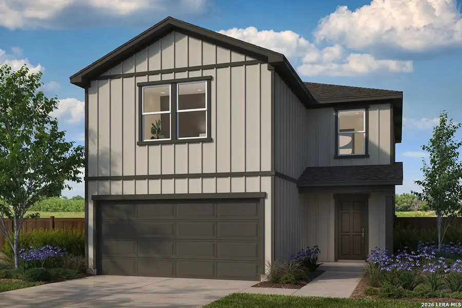 Front exterior of a new home in Southton Cove, Elmendorf, TX, highlighting curb appeal (Image 1). Front exterior of a new home in Southton Cove, Elmendorf, TX, highlighting curb appeal (Image 1).