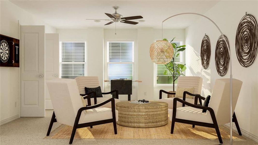 Living area featuring ceiling fan