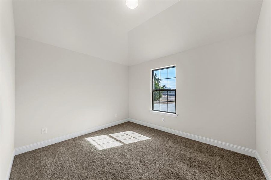 Carpeted spare room with baseboards and lofted ceiling