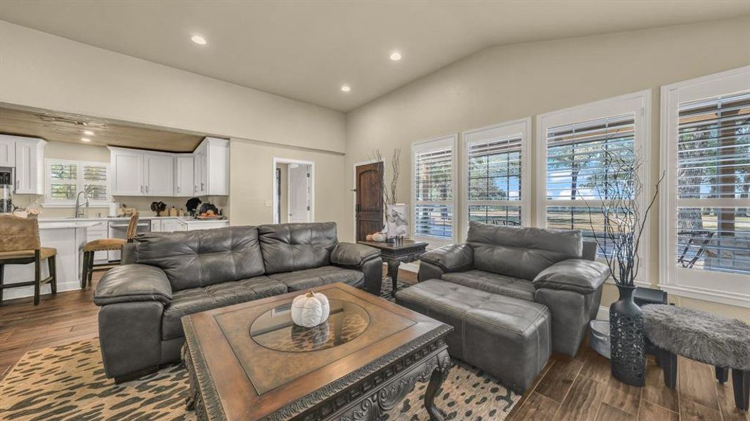 Living room featuring sink, vaulted ceiling, and dark hardwood / wood-style floors