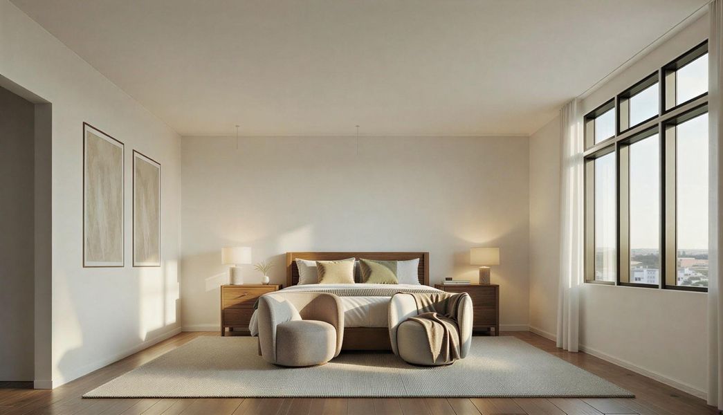 Rendering: Large primary bedroom on second floor of home.