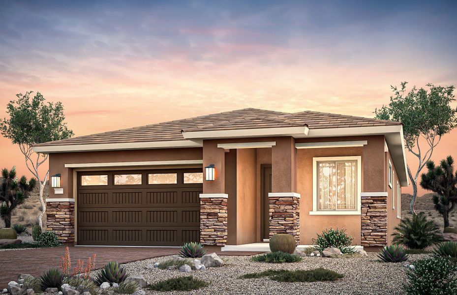 Representative exterior photo of a completed home built from the Solitude by Pulte Homes in Regent Hills - Meadow Series, Buckeye, AZ (Image 1). Representative exterior photo of a completed home built from the Solitude by Pulte Homes in Regent Hills - Meadow Series, Buckeye, AZ (Image 1).