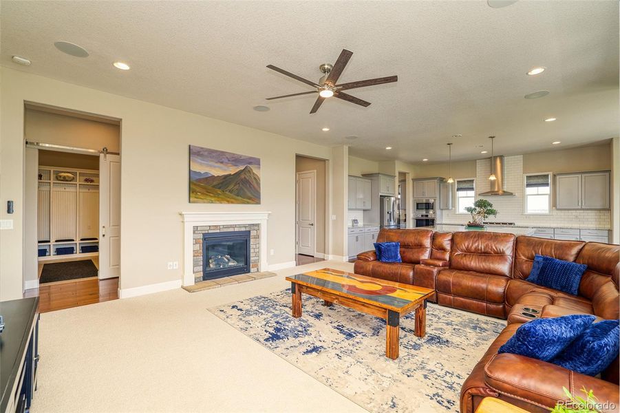 Spacious Living Room with built-in speakers and subwoofer