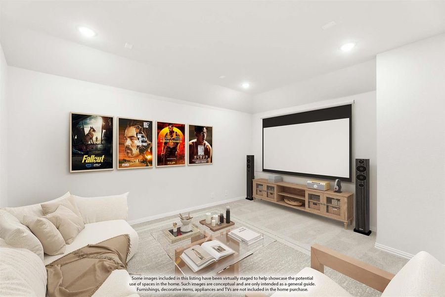Media room with large projection screen, movie posters, floor speakers, and carpeted floors Media room with large projection screen, movie posters, floor speakers, and carpeted floors