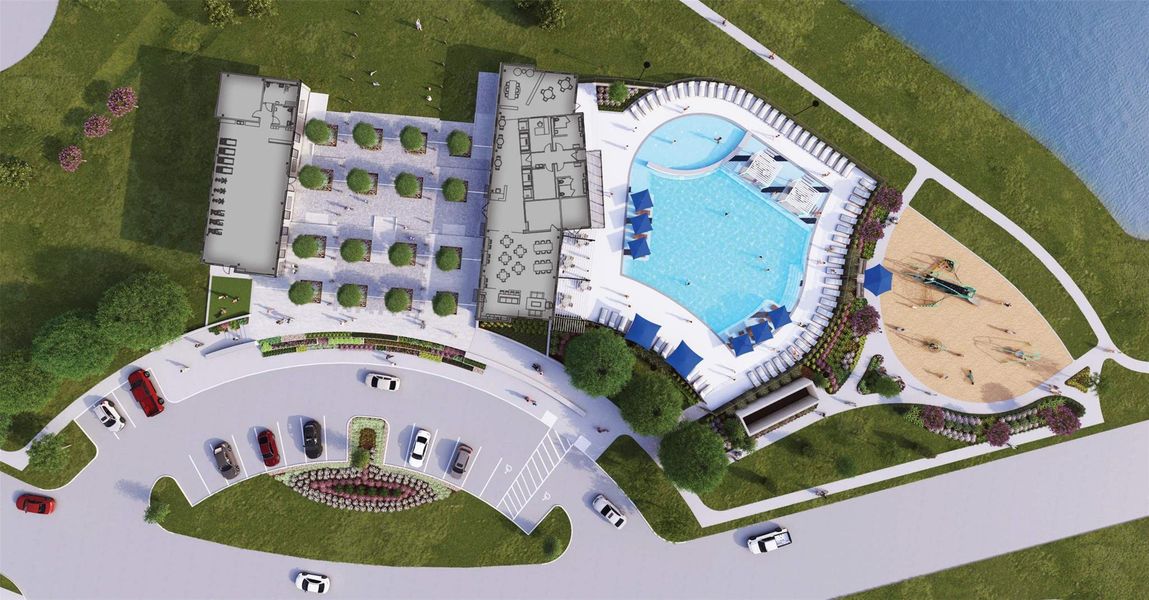 Community rendering exhibit illustrating the future amenity center and pool area, designed as a relaxing gathering space for residents with resort inspired features and room to enjoy sunny days and social moments, these are renderings and will be coming soon.