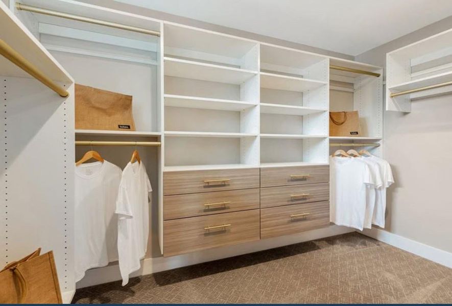 Walk in closet featuring dark carpet
