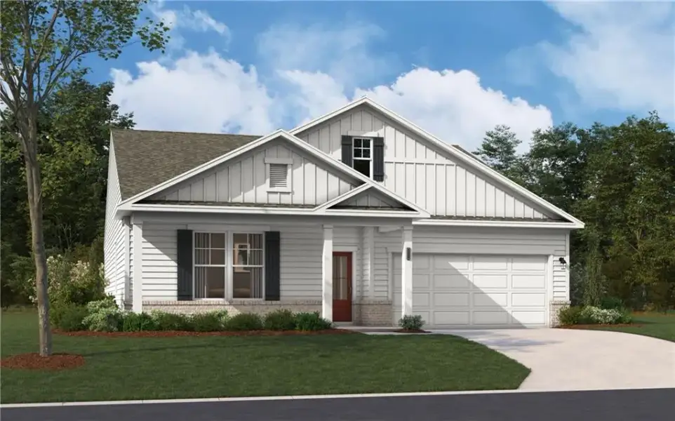 Front exterior of a new home in Madison at Buice Lake, Acworth, GA, highlighting curb appeal (Image 1). Front exterior of a new home in Madison at Buice Lake, Acworth, GA, highlighting curb appeal (Image 1).
