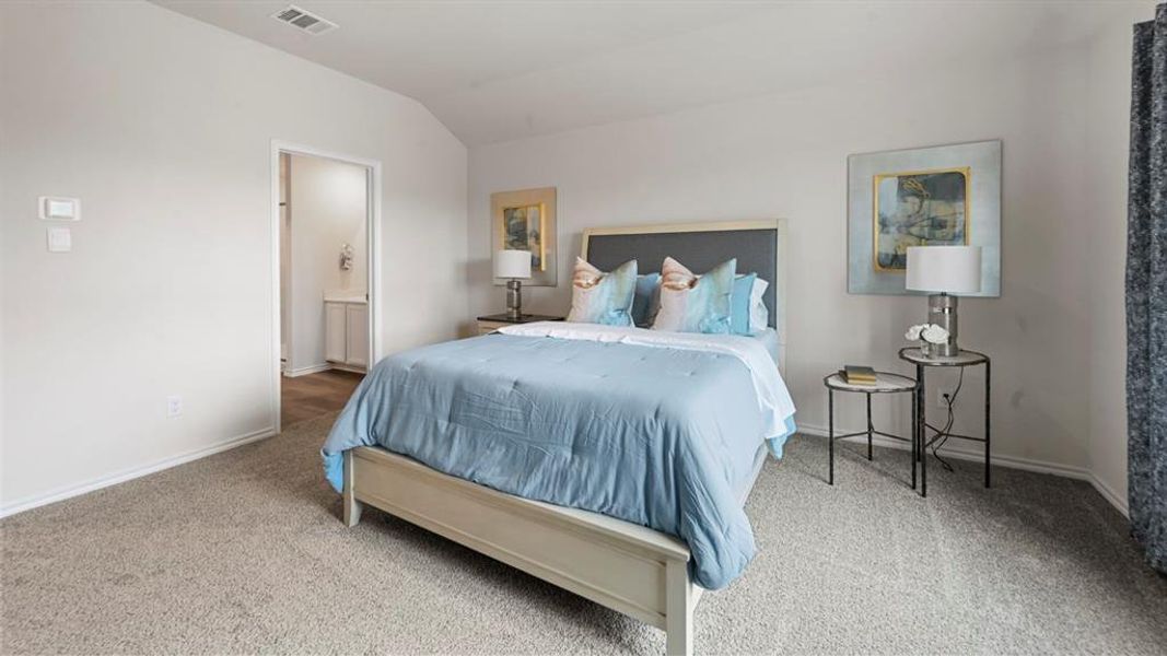 Bedroom featuring lofted ceiling, carpet flooring, and connected bathroom Bedroom featuring lofted ceiling, carpet flooring, and connected bathroom