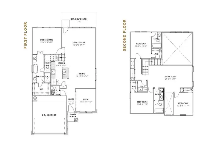 The Christina floor plan offers a balanced two-story layout with a spacious first-floor owner’s suite, an open family room and kitchen, dining area, and dedicated study. The second floor features three additional bedrooms, two full bathrooms, a large game room, and convenient upstairs utility. Smart design elements prioritize flow, comfort, and flexibility for modern living.