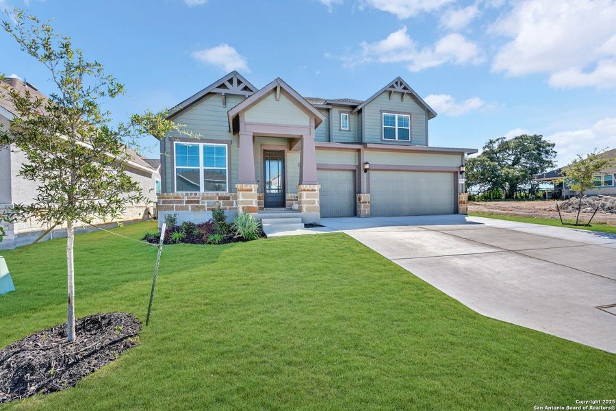 Front exterior of a new home in The Crossvine 55’, Schertz, TX, highlighting curb appeal (Image 19).