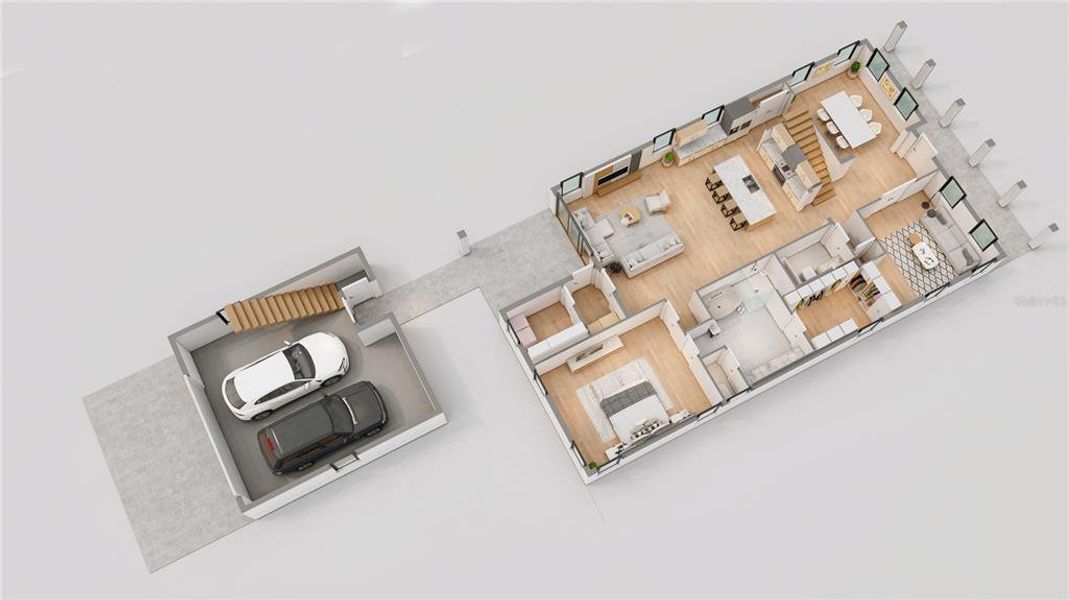 First-floor primary suite. Open kitchen–living combo. Dedicated office/den.