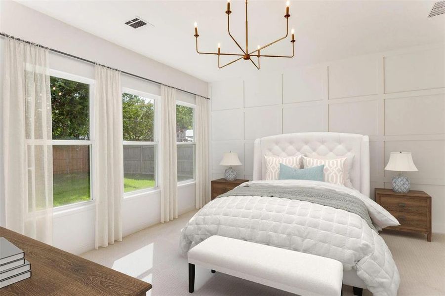 Carpeted bedroom featuring a decorative wall and a chandelier