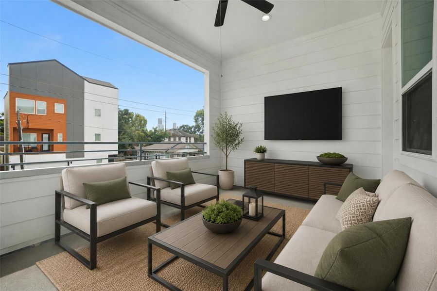 Experience elevated outdoor living on this stylish second-floor balcony, perfect for relaxing or entertaining with serene views.