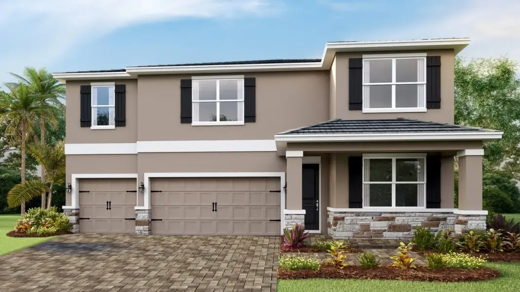Front exterior of a new home in Hammock at Two Rivers, Zephyrhills, FL, highlighting curb appeal (Image 1). Front exterior of a new home in Hammock at Two Rivers, Zephyrhills, FL, highlighting curb appeal (Image 1).