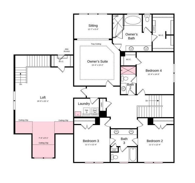 Second Floor Plan - Structural options added include: finished walkout basement with bed and full bath, larger pantry, tray ceilings in gathering room and primary bed, tub in laundry room, shower in bath 2, and study