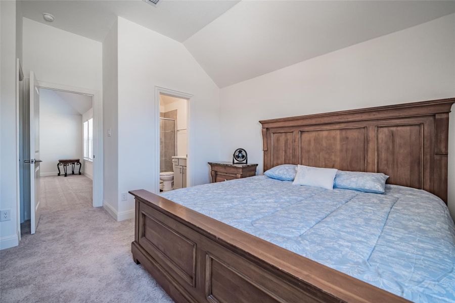 Restful primary bedroom features vaulted ceilings and plush carpeting.