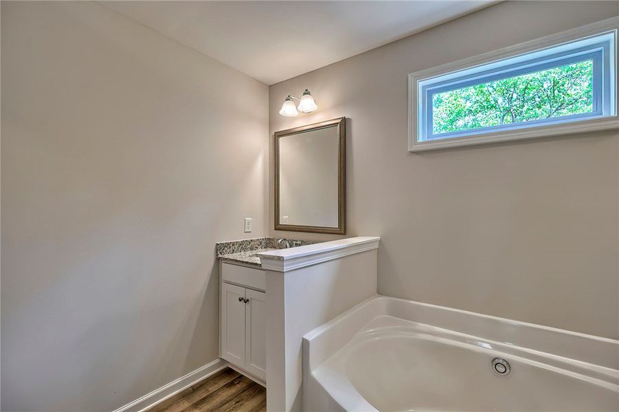 This serene bathroom offers a soaking tub and eleg
