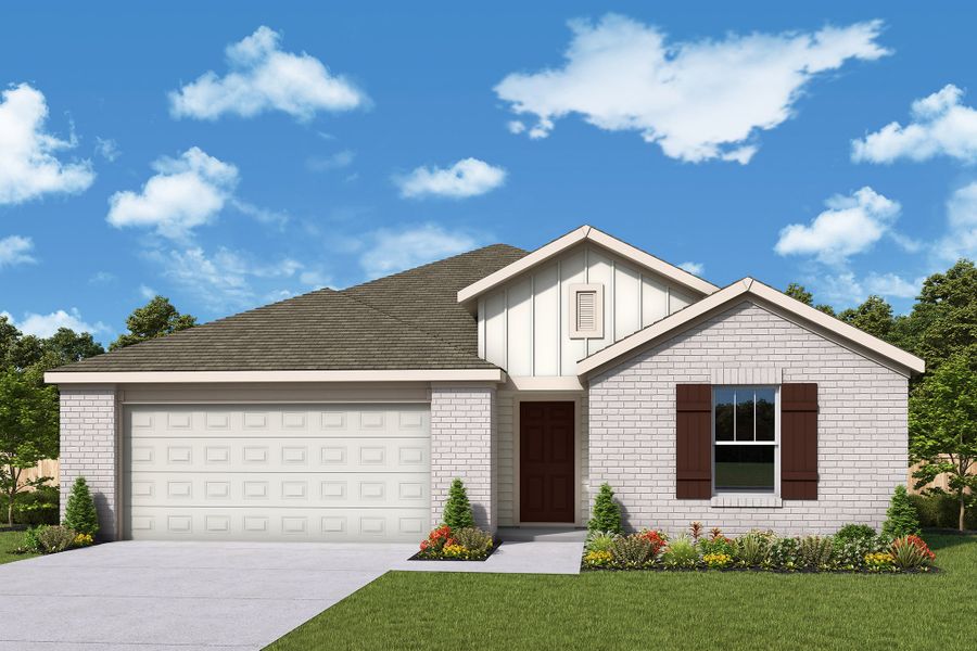 Front exterior of a new home in Meridiana, Manvel, TX, highlighting curb appeal (Image 1). Front exterior of a new home in Meridiana, Manvel, TX, highlighting curb appeal (Image 1).