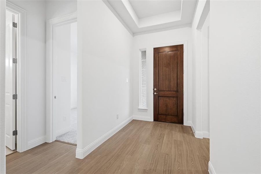 Foyer with light wood-type flooring and a raised ceiling