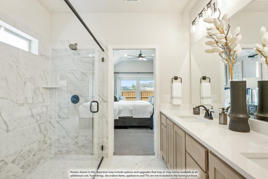 Master bathroom with glass walk-in shower, marble tile walls, and double vanity with quartz countertop