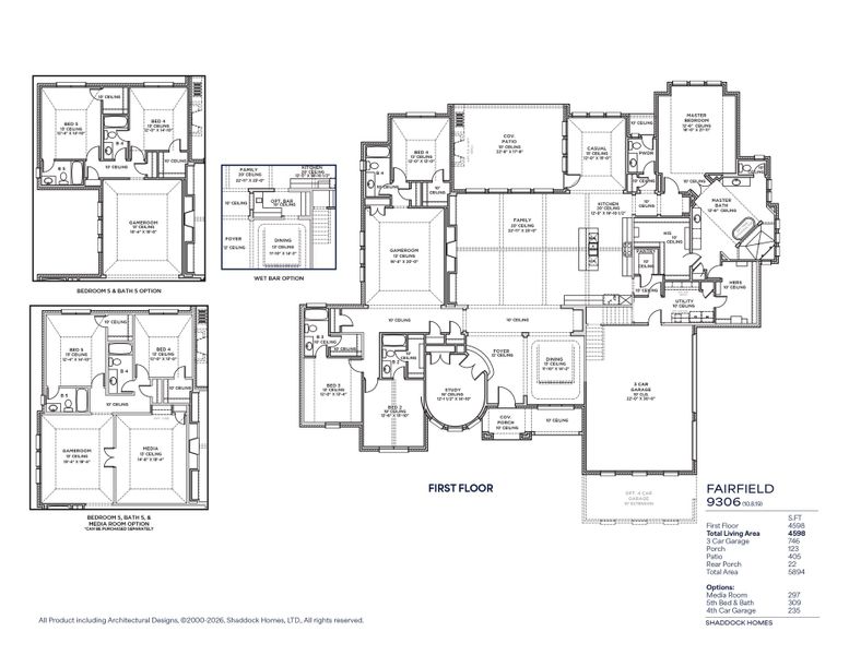 2D floor plan layout for the Fairfield - SH 9306 by Shaddock Homes in King's Crossing - Phase 3, Parker, TX (Image 3).