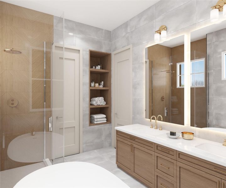 Primary bath with double vanity, walk-in shower, soaking tub, and designer tile accents.