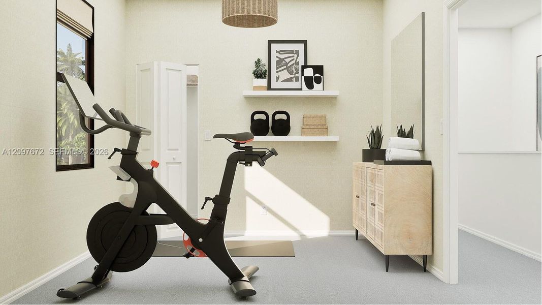Any of the bedrooms can be used as an exercise room, as shown here. Any of the bedrooms can be used as an exercise room, as shown here.