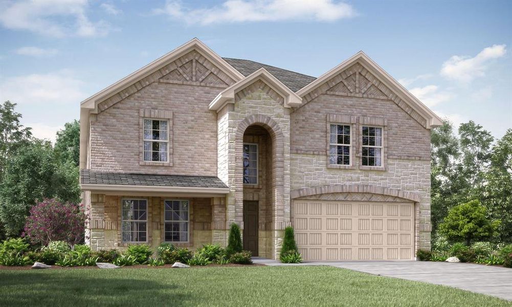 View of front facade with a garage and a front lawn