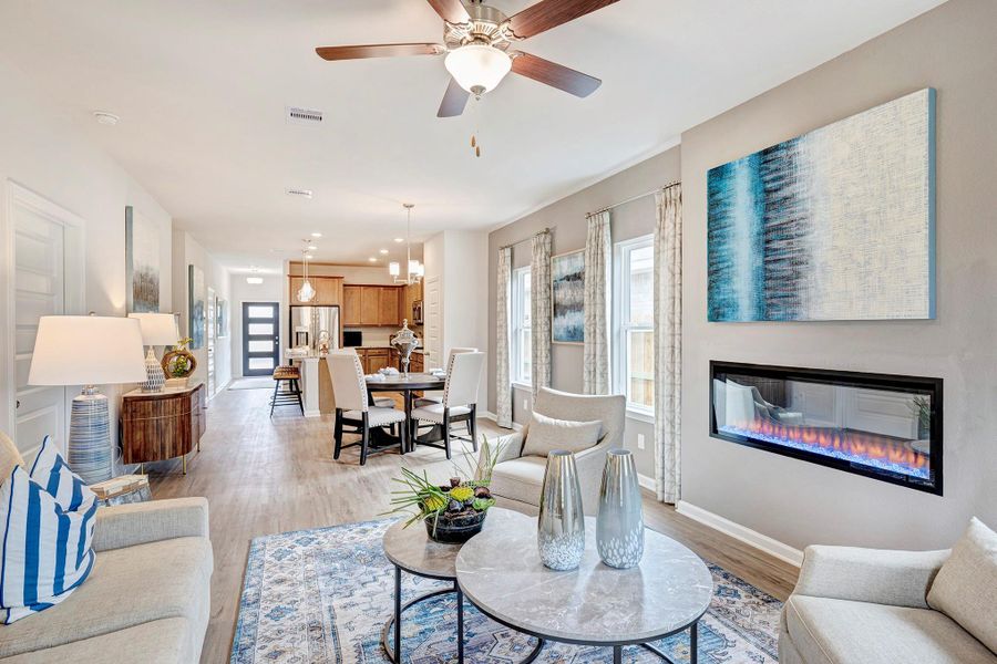 Family Room into Kitchen. Sample image for illustration; upgrades, options, and colors will vary.