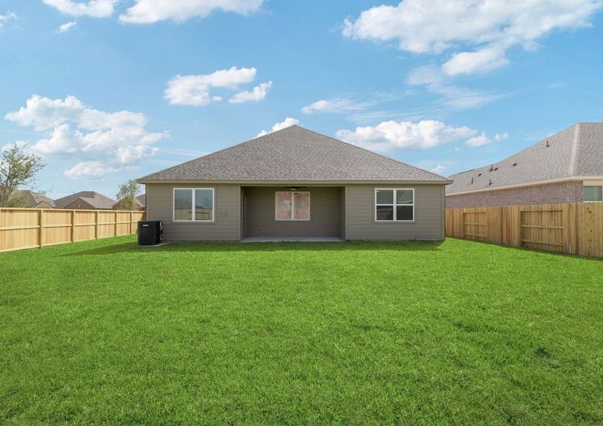 Landscaped backyard with a covered patio