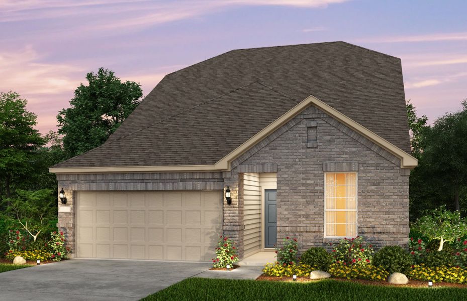 Front exterior of a new home in Mavera, Conroe, TX, highlighting curb appeal (Image 1).