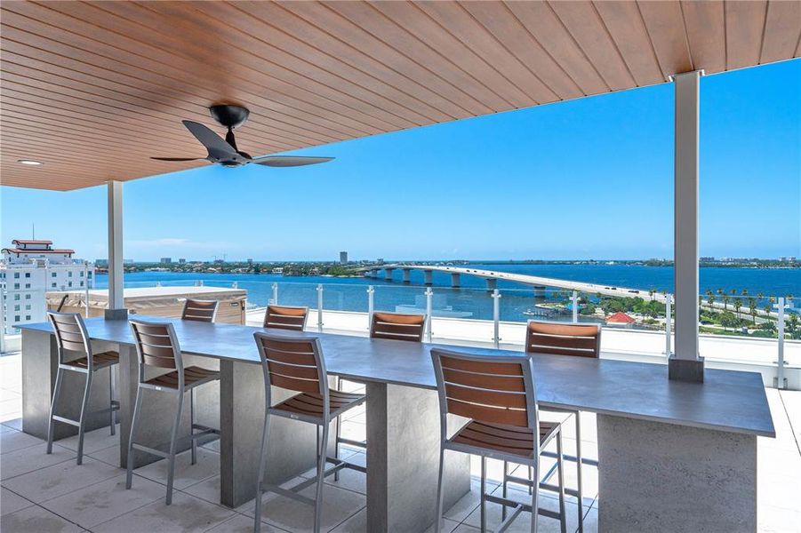 Shared resident balcony on the rooftop with views looking west over Sarasota Bay and the Gulf of Mexico.