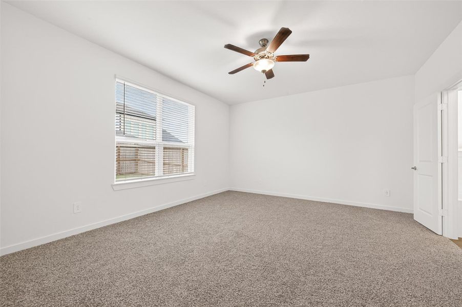 Downstairs Primary Bedroom: The primary suite is tucked privately at the back of the home and offers plush carpet and backyard views.