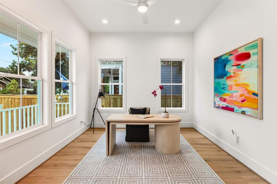 Designed for productivity and comfort, the private home office offers a quiet retreat ideal for remote work, studying, or a sophisticated reading space. Designed for productivity and comfort, the private home office offers a quiet retreat ideal for remote work, studying, or a sophisticated reading space.