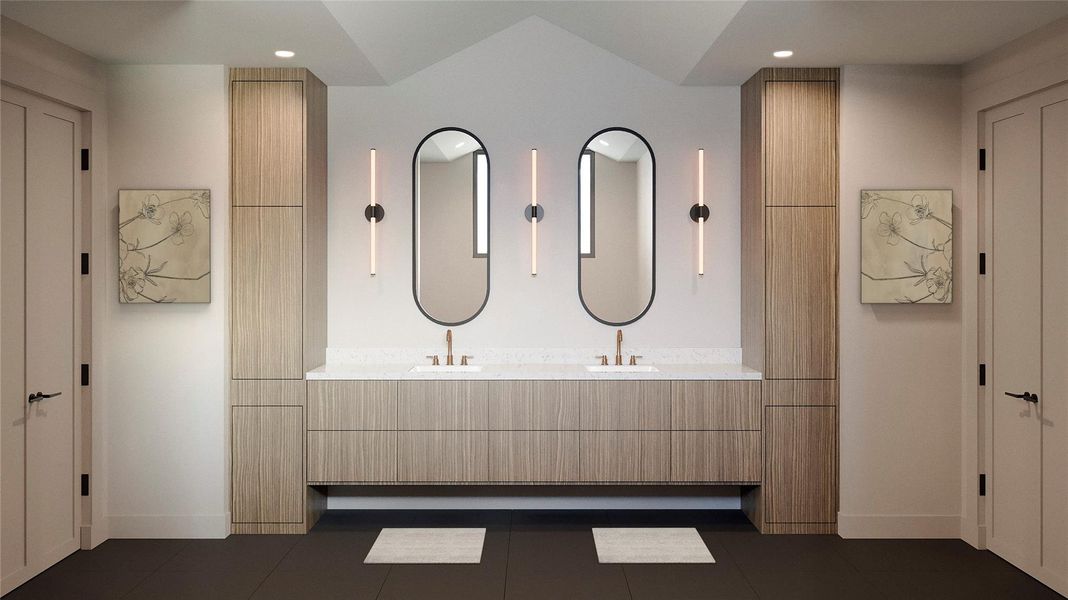 The primary bath features designer touches all around including custom cabinetry, posh fixtures and scone lighting. Separate soaking tub and shower with Fior di Bosco vertical porcelain panel. This is a render.