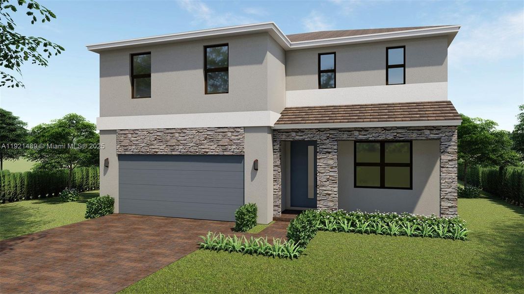 Front exterior of a new home in Parker Pointe, Homestead, FL, highlighting curb appeal (Image 1).
