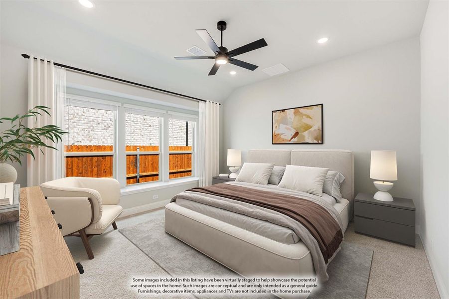 Bedroom with vaulted ceiling, ceiling fan, large windows, and neutral carpet flooring