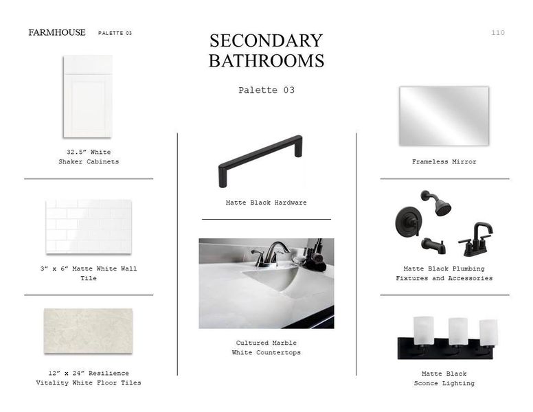 Farmhouse Look Palette 3: Secondary Bathrooms Selection Sheet (*Artist rendering used for illustration purposes only.)