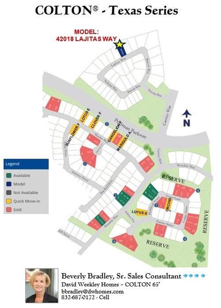 COLTON is a Master planned community in TODD MISSION - located 1/4 mi W of Hwy 249 off FM 1486.  David Weekley Homes offers 65 ft wide home sites and some with no rear neighbors!